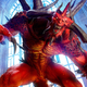 A many-horned, long-clawed demon roars in a gothic cathedral.